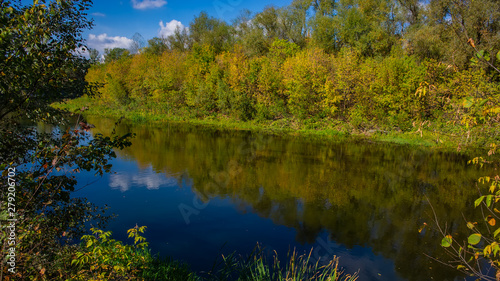 Autumn deciduous forest and river on a sunny day. Amazing landscape. © APHOTOSTUDIO
