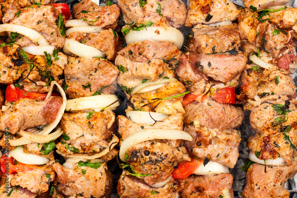 Skewers closeup as a top view background Skewers closeup as a top view background