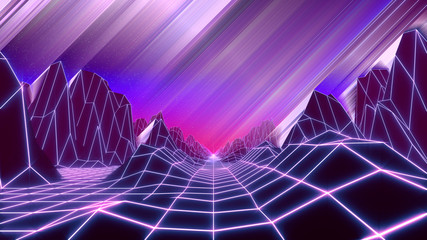 Papier peint photo Prune 80s retro background 3d render. Retrowave low poly landscape with neon lights  © Aleksandra Sova