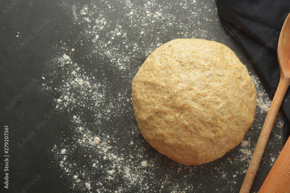 Pastry dought cooking process for baking bread, italian pizza, pasta or other pastry. Flat lay. Pastry dought cooking process for baking bread, italian pizza, pasta or other pastry. Flat lay.