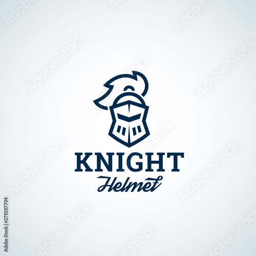 Simple Line Style Knight Helmet Abstract Vector Icon, Symbol or Logo Template. Warrior Head Sillhouette with Modern Typography. Creative Medieval Emblem.