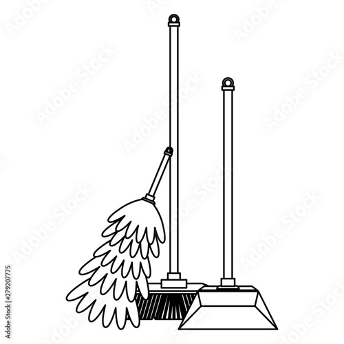 Set of cleaning equipment and products in black and white