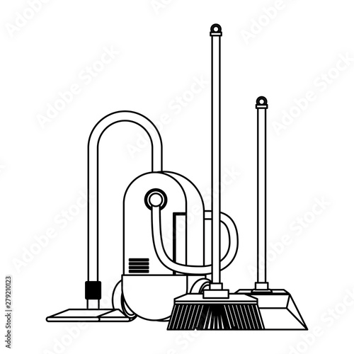 Set of cleaning equipment and products in black and white
