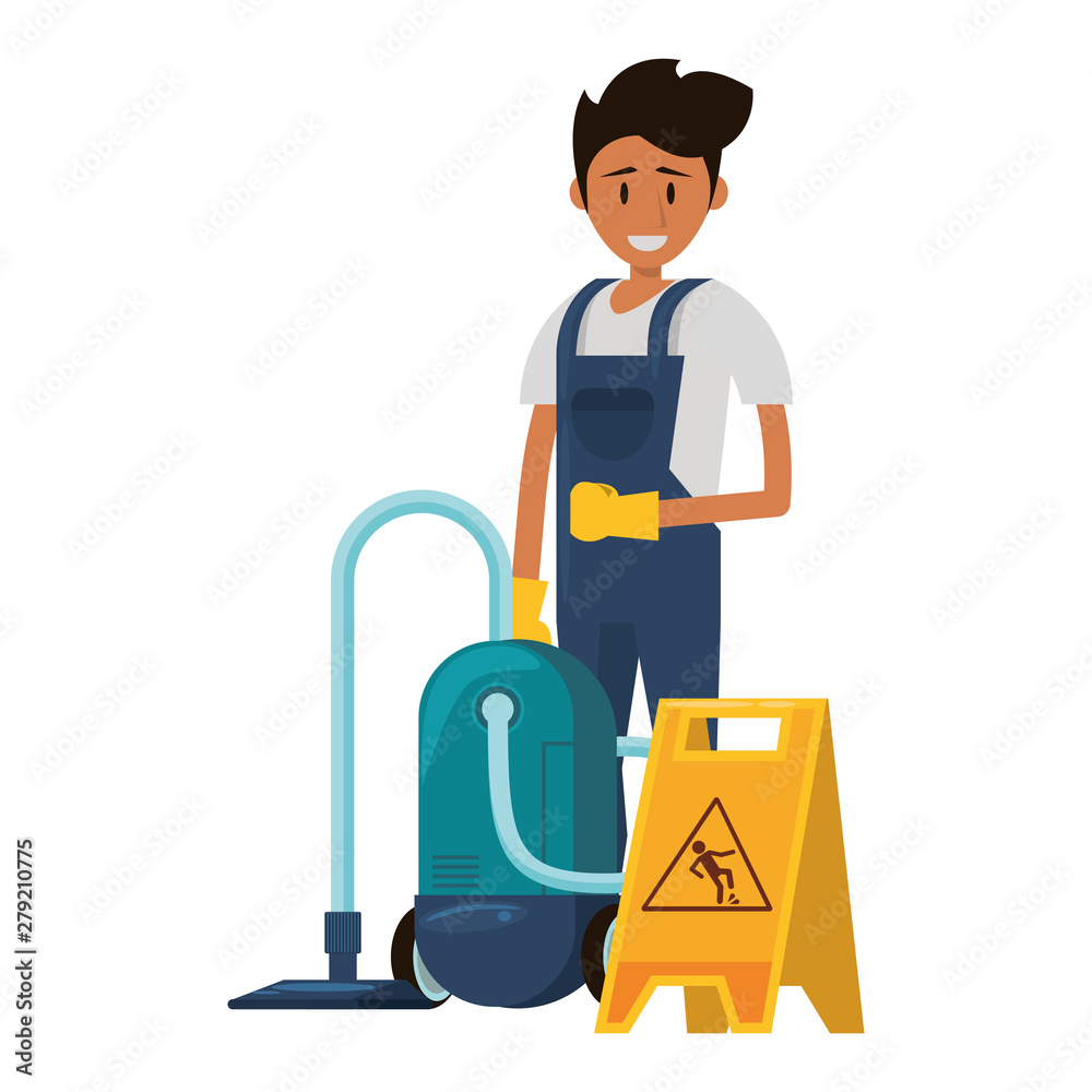 Cleaner worker with cleaning products and equipment Cleaner worker with cleaning products and equipment