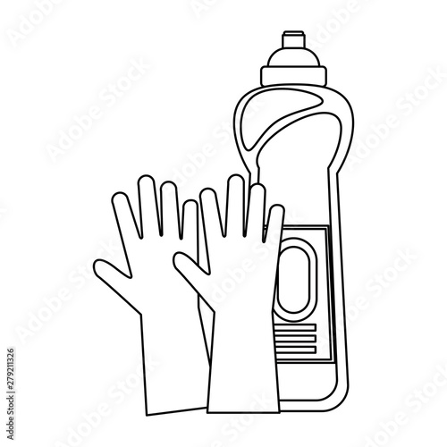 Set of cleaning equipment and products in black and white