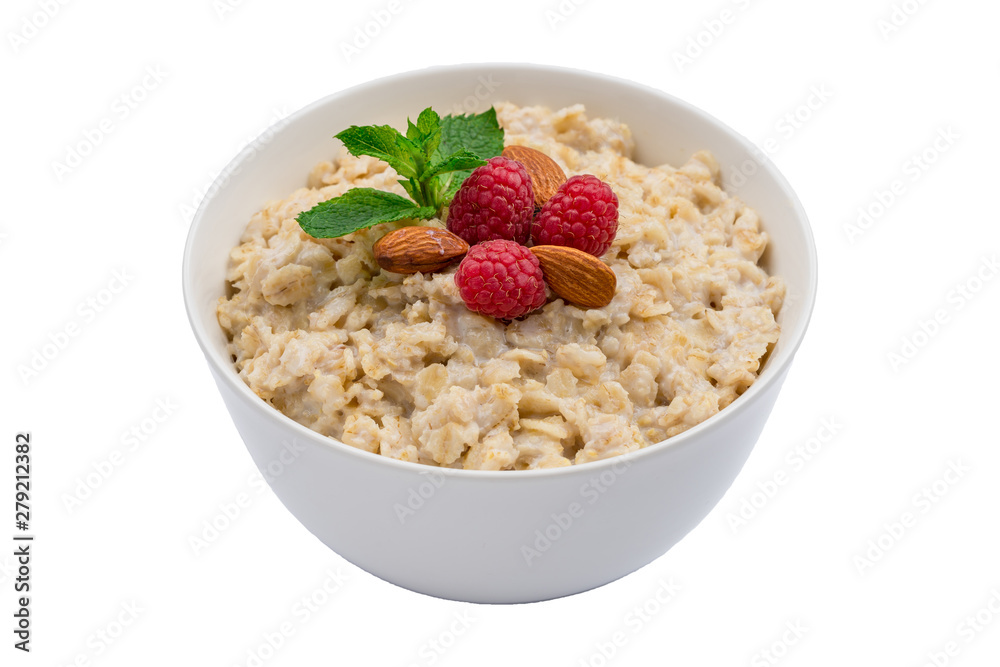 Oatmeal with almonds and raspberries and mint isolated on white Oatmeal with almonds and raspberries and mint isolated on white