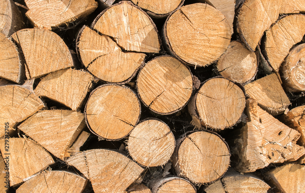 The wall of firewood prepared for kindling in the winter. The wall of firewood prepared for kindling in the winter.