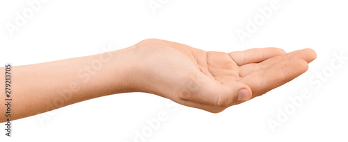 Young outstretched hand with open empty palm up isolated on white background. Hand palm up to show or receive objects.