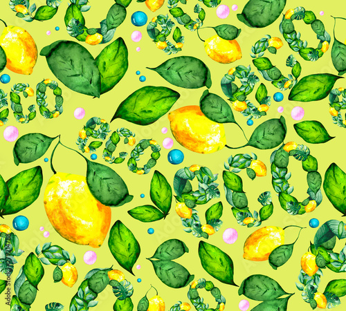 Fototapeta Naklejka Na Ścianę i Meble -  Watercolor seamless background with juicy lemon and fresh green leaves. Juicy illustration for textiles, Wallpapers and backgrounds are delicious.