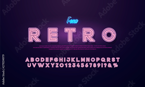 Bright Neon Alphabet Letters, Numbers and Symbols Sign in Vector.