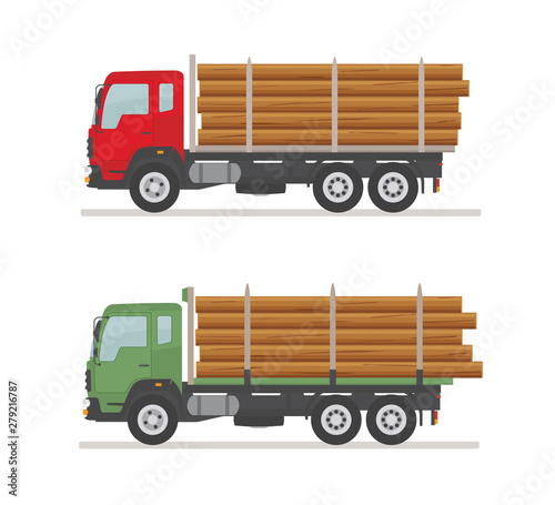 Two logging trucks on the road. Isolated on white background. Wood production and forestry. Vector illustration. 