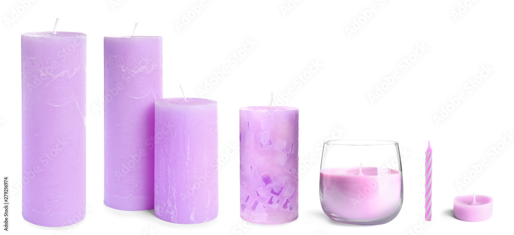 Set with different wax candles on white background Set with different wax candles on white background