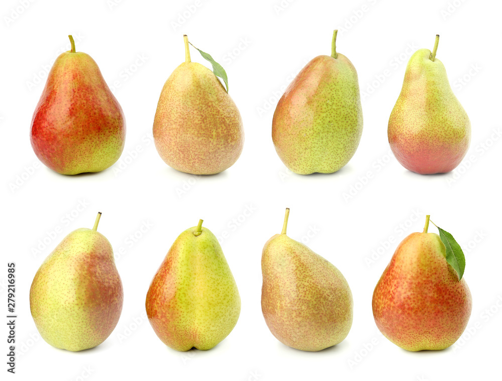 Set of sweet ripe pears on white background