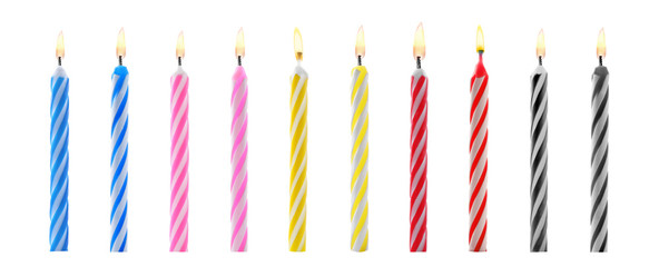 Set with different birthday candles on white background. Banner design