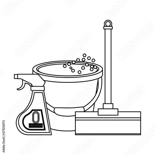 Set of cleaning equipment and products in black and white