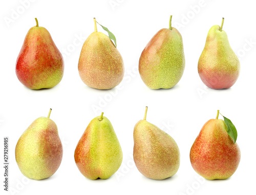 Set of sweet ripe pears on white background