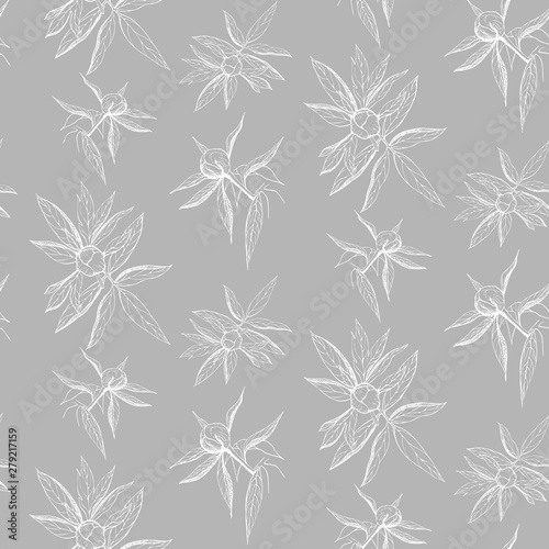 seamless ink peony flower pattern on gray backdrop. Engraved vintage peony wallpaper. elegant white line peony on gray background. pattern of free hand outline peony flowers, leaves and buds © Elena