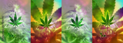 Cannabis leaf, sacred geometry forms and molecule thc on wonderful photography background with marijuana plant; Vector set of templates of banner, poster, flyer and etc.