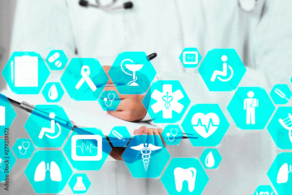 Medical network connection on the virtual touch screen and Doctor with stethoscope in hospital background.Technology and medicine concept. Medical network connection on the virtual touch screen and Doctor with stethoscope in hospital background.Technology and medicine concept.