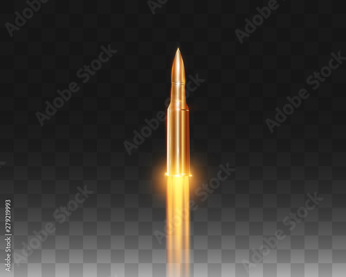 Realistic flying bullet with a flamethrower shot isolated on transparent background, set of bullet shots in motion, vector illustration. Shot with a pistol