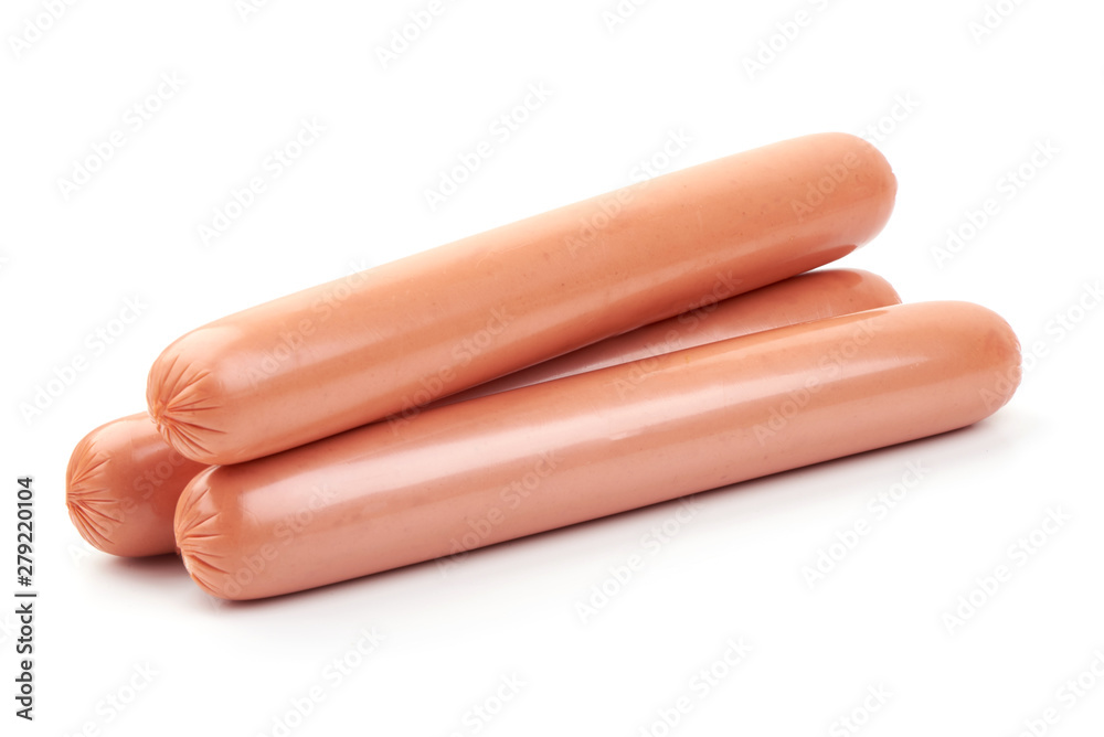 Fresh boiled sausages, close-up, isolated on white background Fresh boiled sausages, close-up, isolated on white background