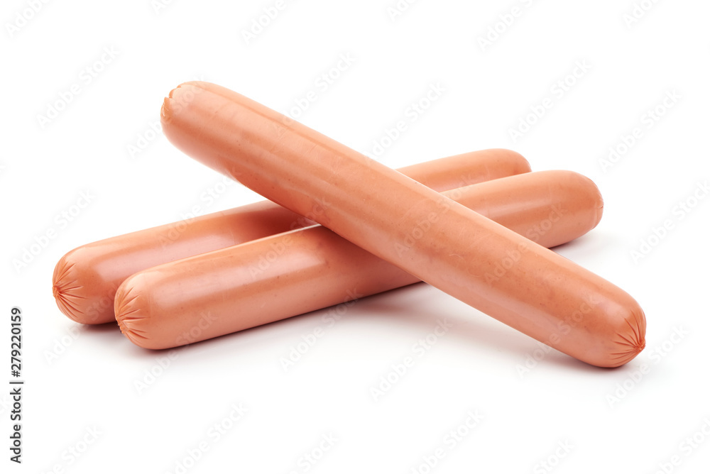 Fresh boiled sausages, close-up, isolated on white background Fresh boiled sausages, close-up, isolated on white background