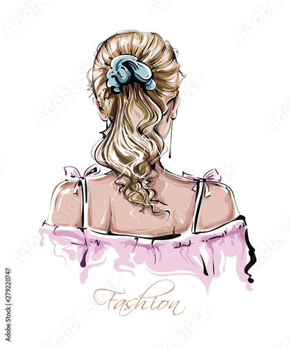 Hand drawn beautiful young woman hairstyle. Stylish female blonde hair. Fashion woman look. Sketch. Vector illustration.