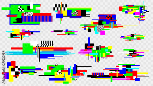 Glitch effect elements set. Pixel noise error design elements. Damaged screen. Vector template.
