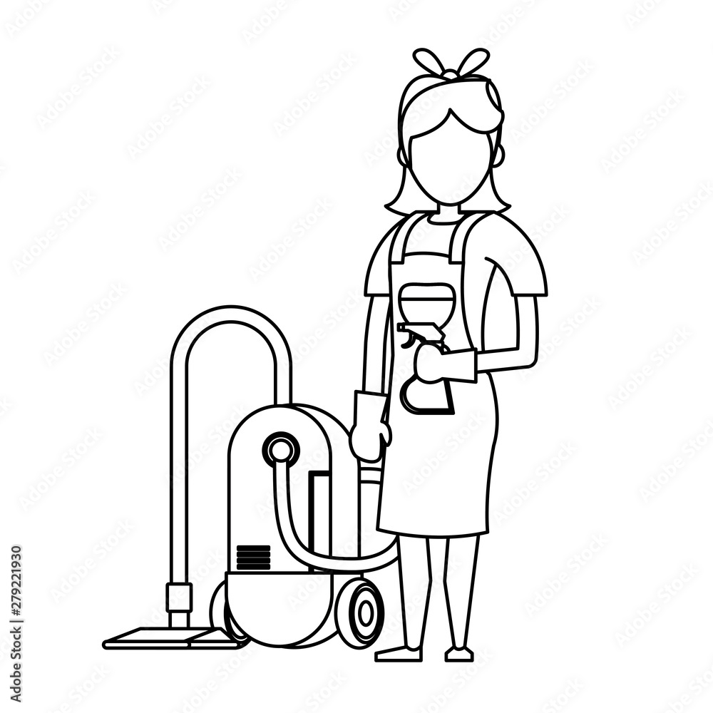 Cleaner worker with cleaning products and equipment in black and white