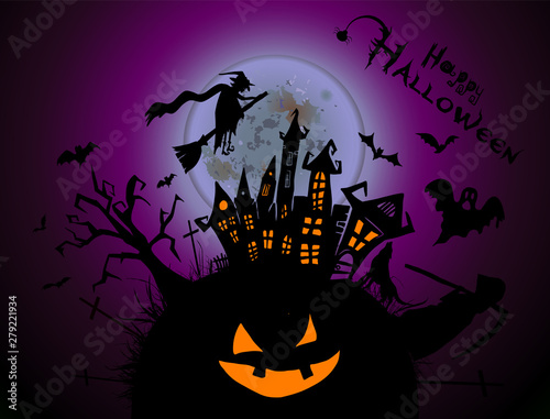 Happy Halloween. A castle of horrors with ghosts. Vector illustration