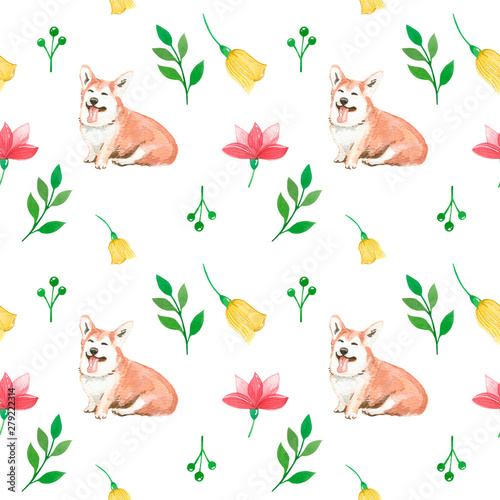 Corgi dog and wild plants. Seamless pattern. photo