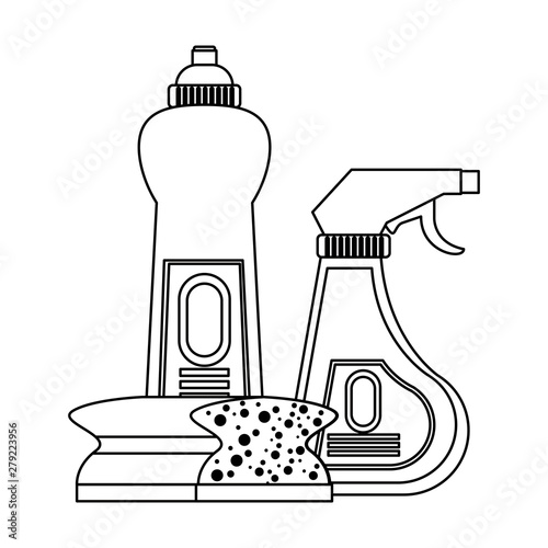 Set of cleaning equipment and products in black and white