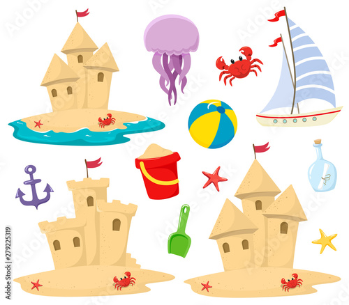 Sandcastle beach icons set  with decorative elements in cartoon style.Marine theme. Vector isolates on a white background.