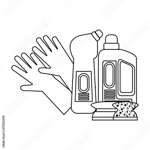 Set of cleaning equipment and products in black and white