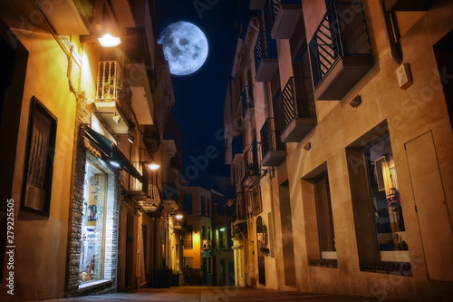 The moon illuminates the sleeping town.