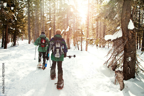 Obraz na plátne Two men snowshoeing in forest