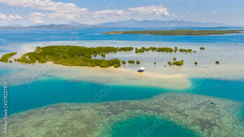 Fototapeta Naklejka Na Ścianę i Meble -  Mangrove trees on the atolls. Seascape with coral reefs and lagoons. Honda Bay,Philippines,aerial view,