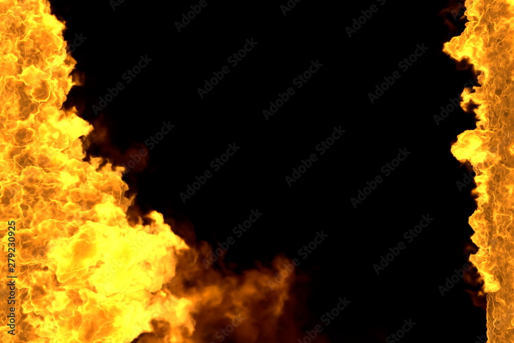 Fire 3D illustration of mystical blazing hell frame isolated on black - top and bottom are empty, fire lines from sides left and right