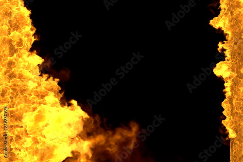 Fire 3D illustration of mystical blazing hell frame isolated on black - top and bottom are empty, fire lines from sides left and right