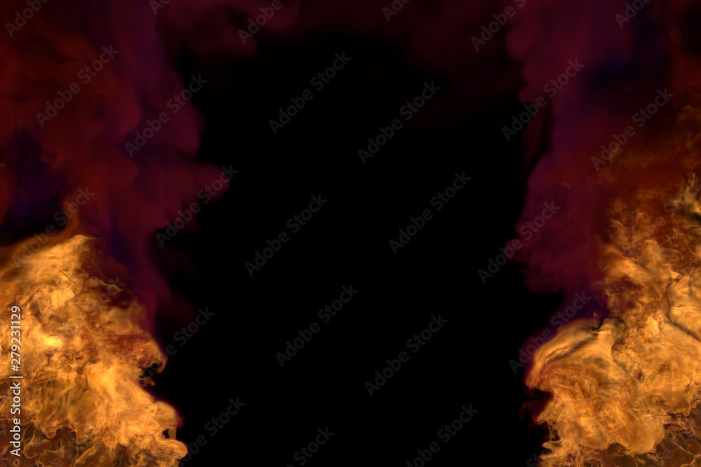 Flame from both the bottom corners - fire 3D illustration of melting hell, frame with heavy smoke isolated on black background Flame from both the bottom corners - fire 3D illustration of melting hell, frame with heavy smoke isolated on black background