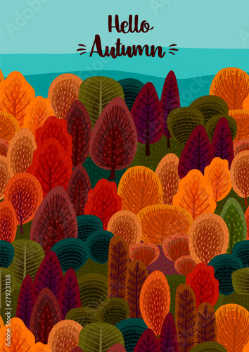 Autumn design with autumn forest. Vector template for card, poster, flyer, cover and other use