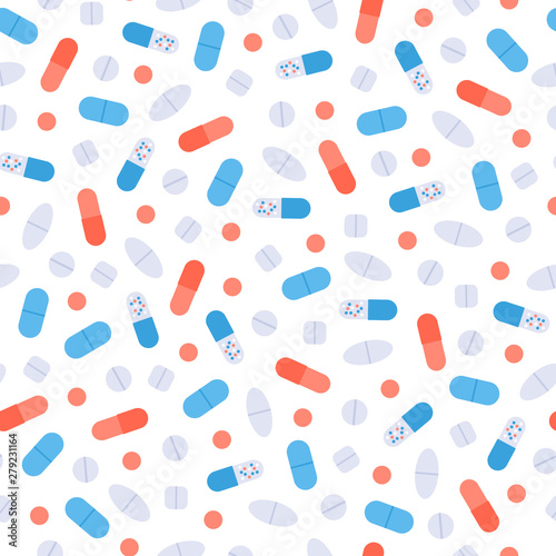 Vector flat color pill seamless pattern. Colorful red, blue, yellow, white pills isolated on white background. Design tile element for pharma web, banner, poster, presentation, textile, ui.