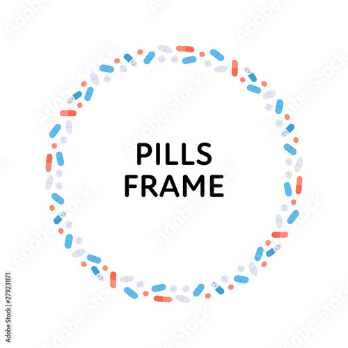 Vector flat color pills banner frame. Colorful red, blue, yellow, white pills isolated on white background in wide circle with text. Design element for medical pharma web, poster, advertisment.