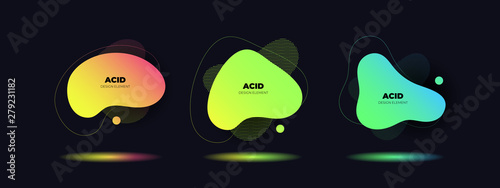 Set of vector abstract fluid shape banner template. Trendy style colorful memphis fluid shapes with color shadow isolated on black background. Yellow, green, blue colors. Design element for poster