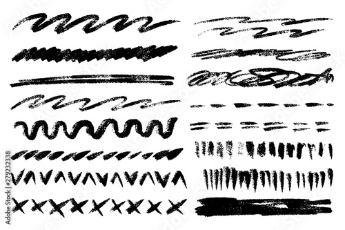 Vector set of hand drawn brush strokes, stains for backdrops. Monochrome design elements set. One color monochrome artistic hand drawn lines various style.