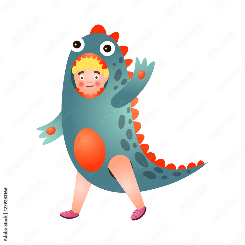 Fototapeta premium Blonde hair young boy in red blue color dinosaur costume