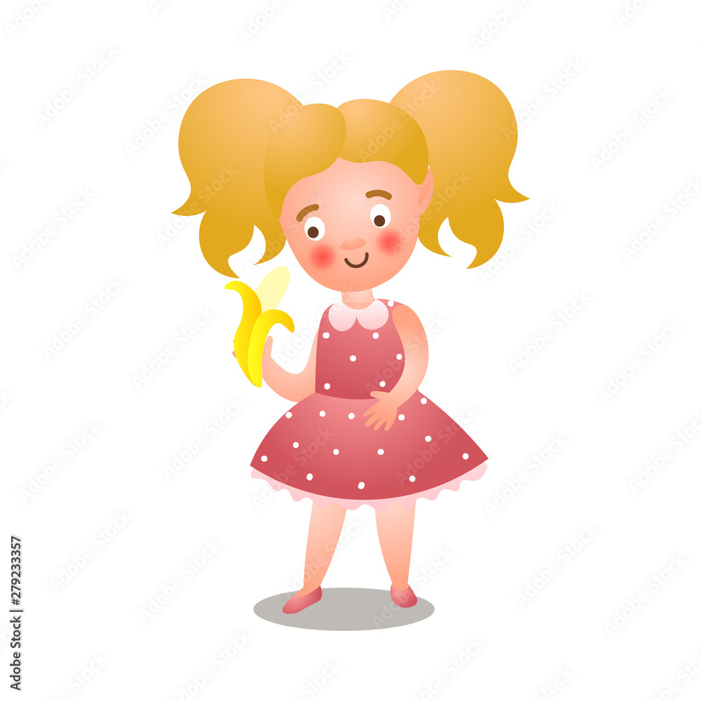 Cute young blonde girl in polka red dress eating yellow banana Cute young blonde girl in polka red dress eating yellow banana