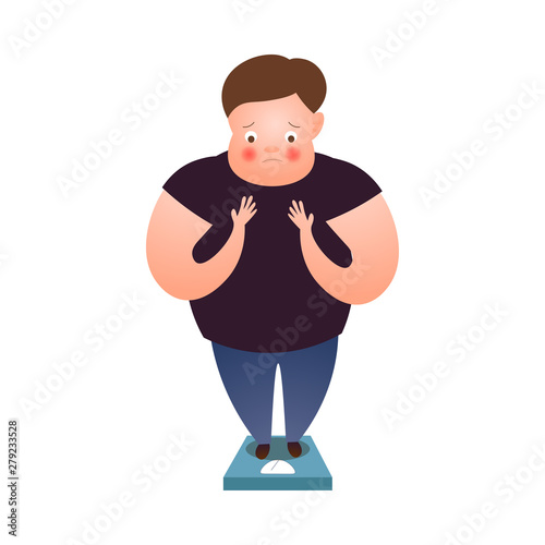 Cute fat man stay on weight scales at home
