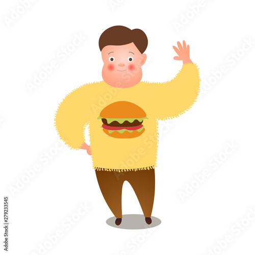 Cute fat man say hello to all people, yellow burger sweater