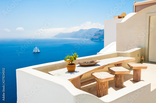 White architecture on Santorini island, Greece. Beautiful sea view. Famous travel destination